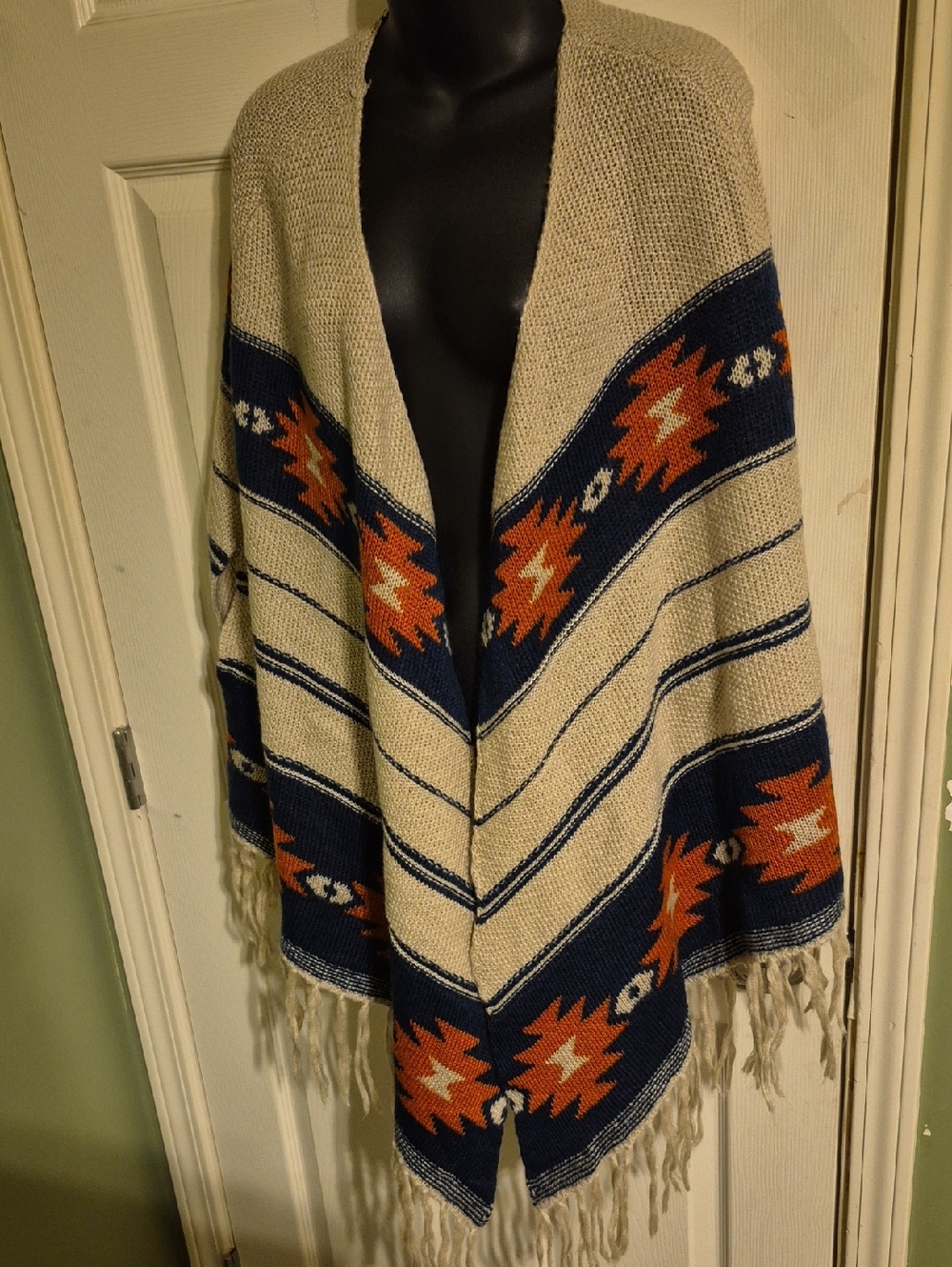 Almost Famous Beige Navy Orange Southwestern Knit Poncho